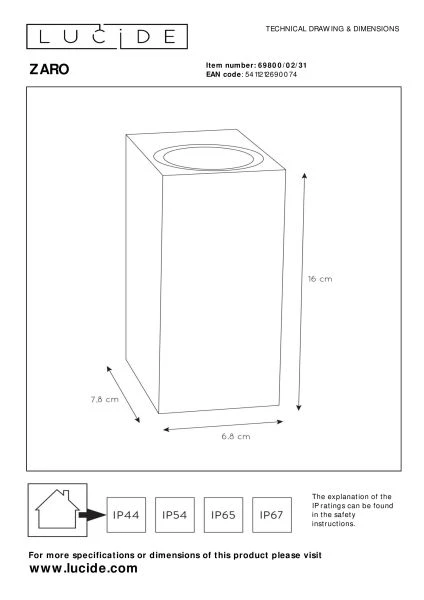 Lucide ZARO - Foco de pared / Lámpara de pared Dentro/Fuera - 2xGU10 - IP44 - Blanco - técnico